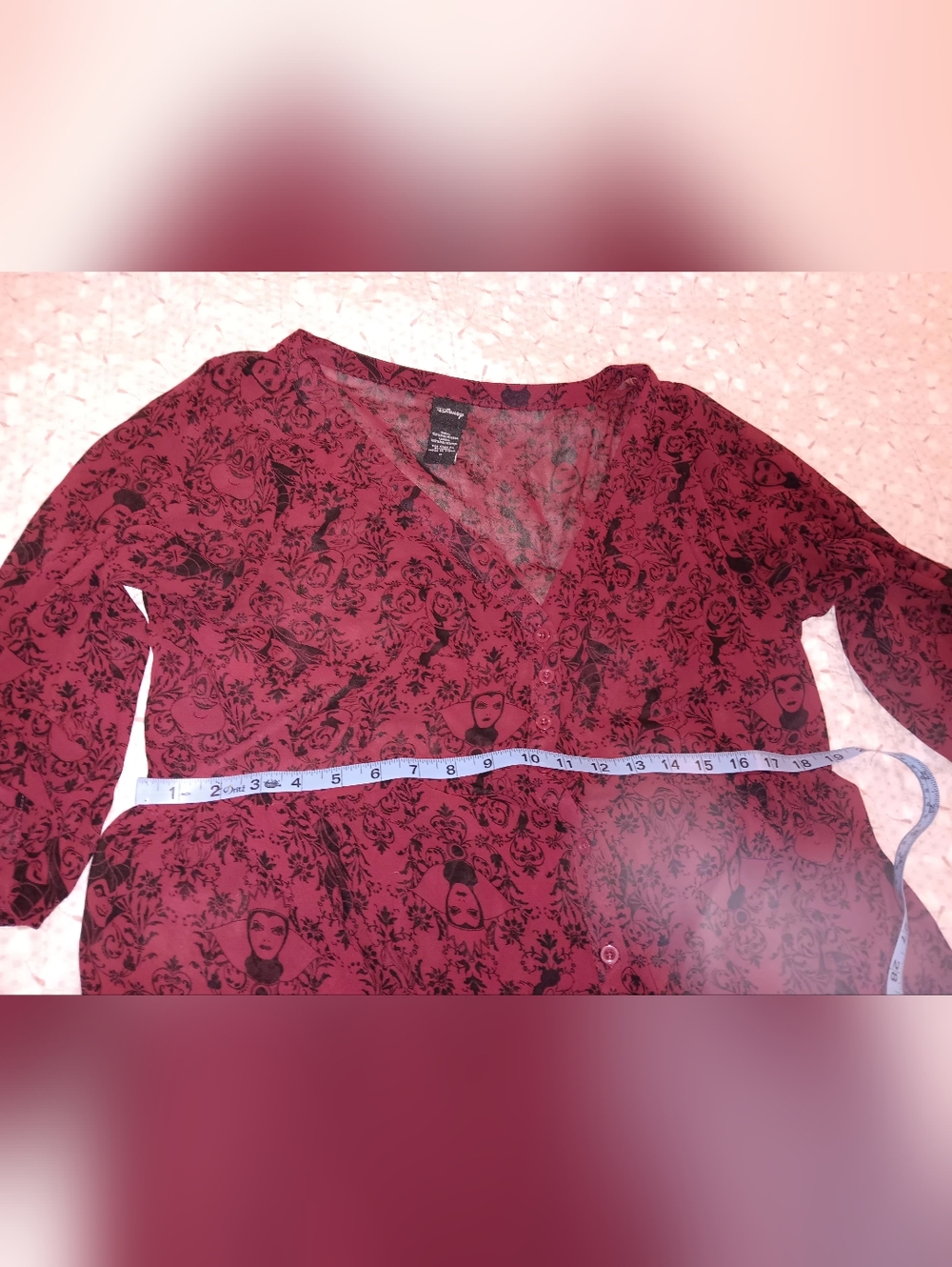 Disney Burgundy Floral Print Button-Front Long Sleeve Sheer Dress - Picture 7 of 11